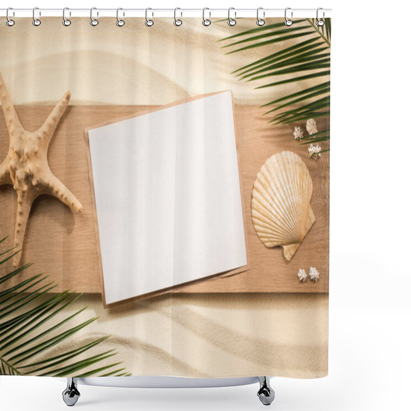 Personality  Flat Lay With Palm Leaves, Blank Paper, Sea Star And Seashells On Wooden Plank On Sand Shower Curtains