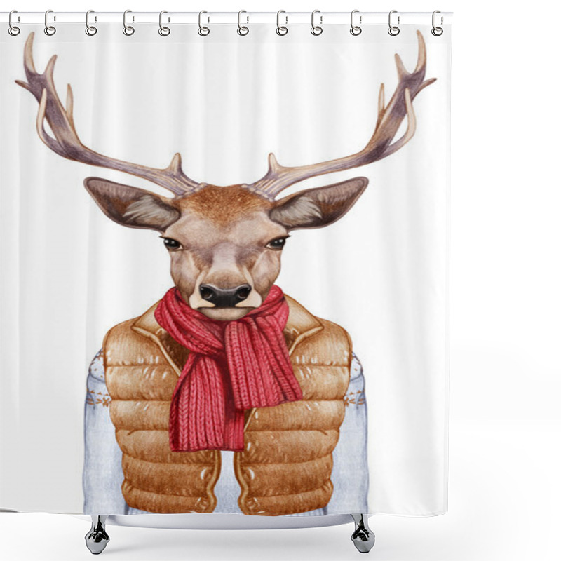 Personality  Deer In Down Vest, Sweater And Scarf. Shower Curtains