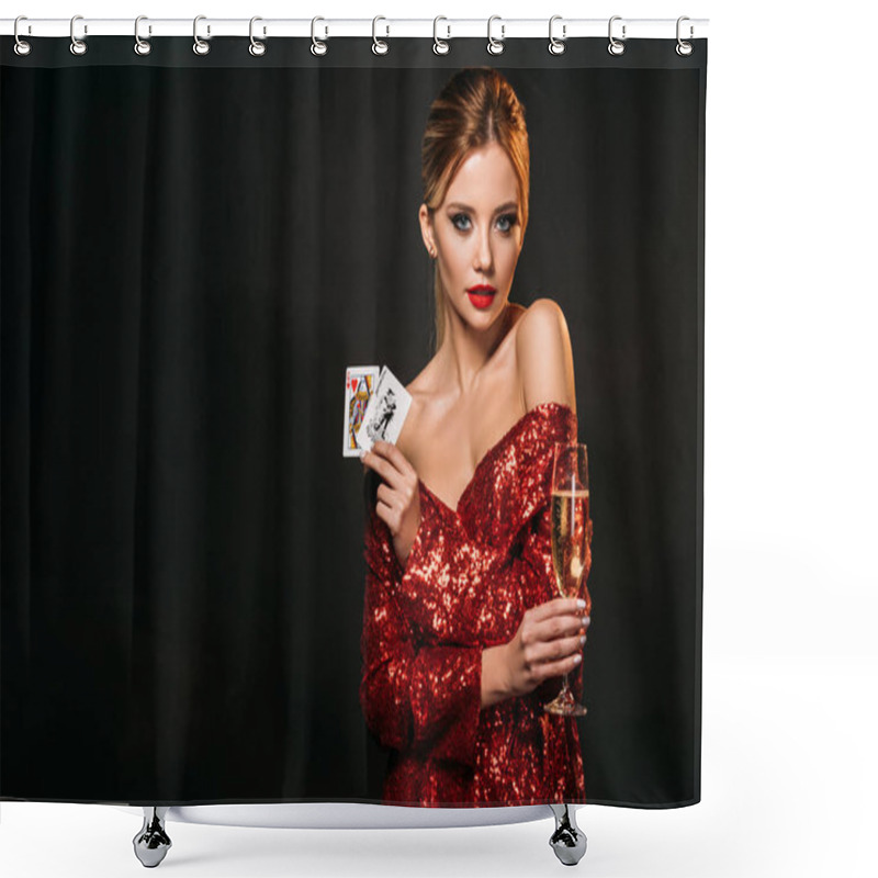 Personality  Attractive Girl In Red Shiny Dress Holding Joker And Queen Of Hearts Cards Isolated On Black, Looking At Camera Shower Curtains