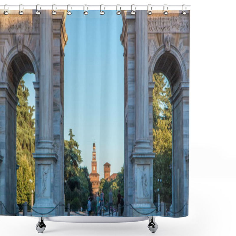 Personality  Arco Della Pace In Piazza Sempione (Arch Of Peace In Simplon Square) Timelapse At Sunset. Shadow Moving On It. Sforza Castle On Background. It Is A Neoclassical Triumph Arch, 25 M High And 24 M Wide, Built Between 1807 And 1838. Blue Cloudy Sky At Su Shower Curtains