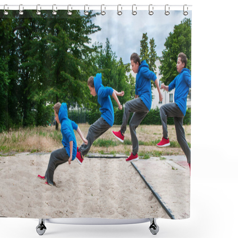 Personality  Side View Of A 14 Year Old Male Caucasian Teenage Boy Jumping In Four Steps In A Sand Pit With Cloudy Sky. Shower Curtains