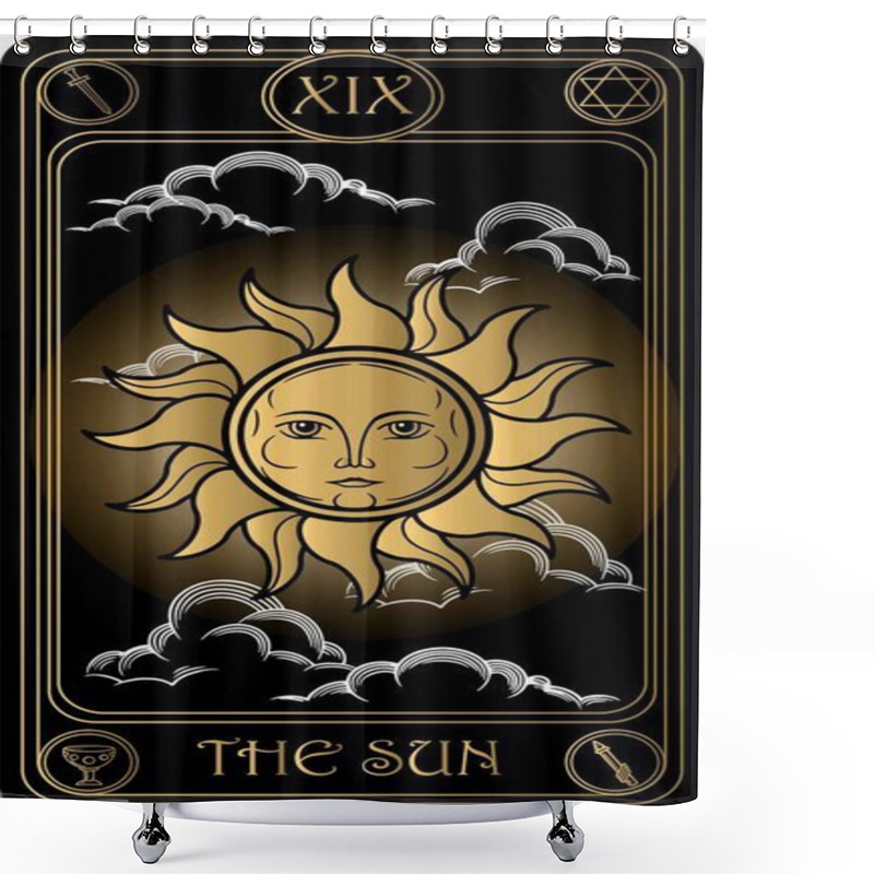 Personality    The Sun. The 19th Card Of Major Arcana Black And Gold Tarot Cards. Tarot Deck. Vector Hand Drawn Illustration With Skulls, Occult, Mystical And Esoteric Symbols. Shower Curtains