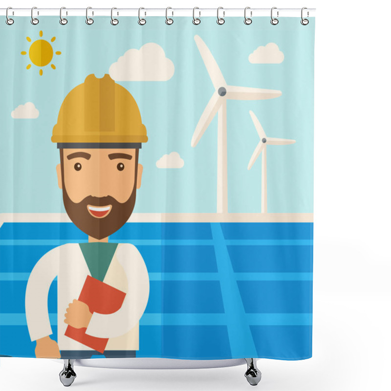 Personality  Man In Solar Panel And Windmills. Shower Curtains