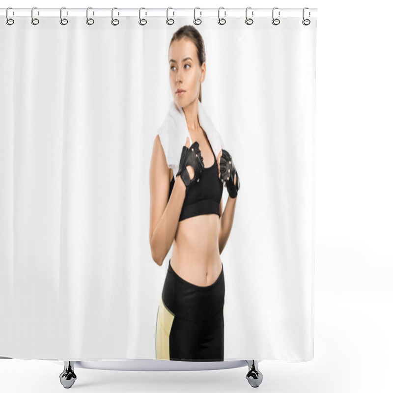 Personality  Serious Sportswoman In Weightlifting Gloves With White Towel Isolated On White Shower Curtains