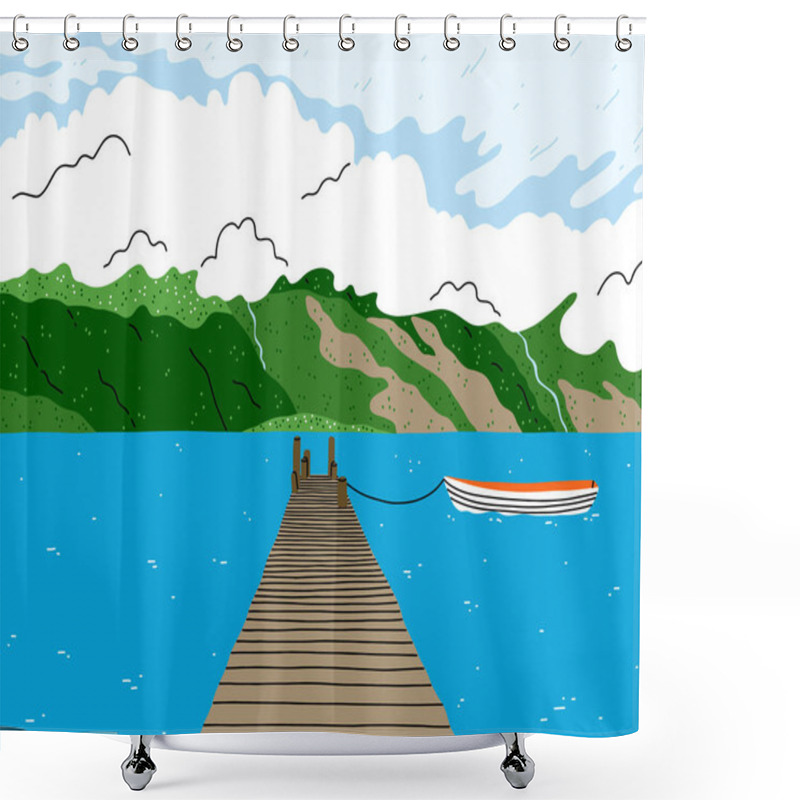 Personality  Beautiful Lake Landscape With Wooden Bridge, Boat And Green Hill Fjords, Beautiful View Vector Illustration Shower Curtains