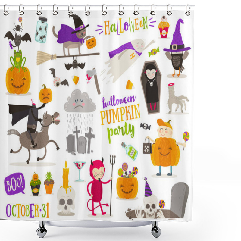 Personality  Set Of Halloween Sign, Symbol, Objects, Items And Cartoon Characters. Vector Illustration. Shower Curtains