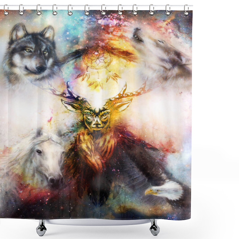 Personality  Sacred Ornamental Deer Spirit With Dream Catcher Symbol And Feathers And Wolf, Horse, Eagle In Cosmic Space. Shower Curtains