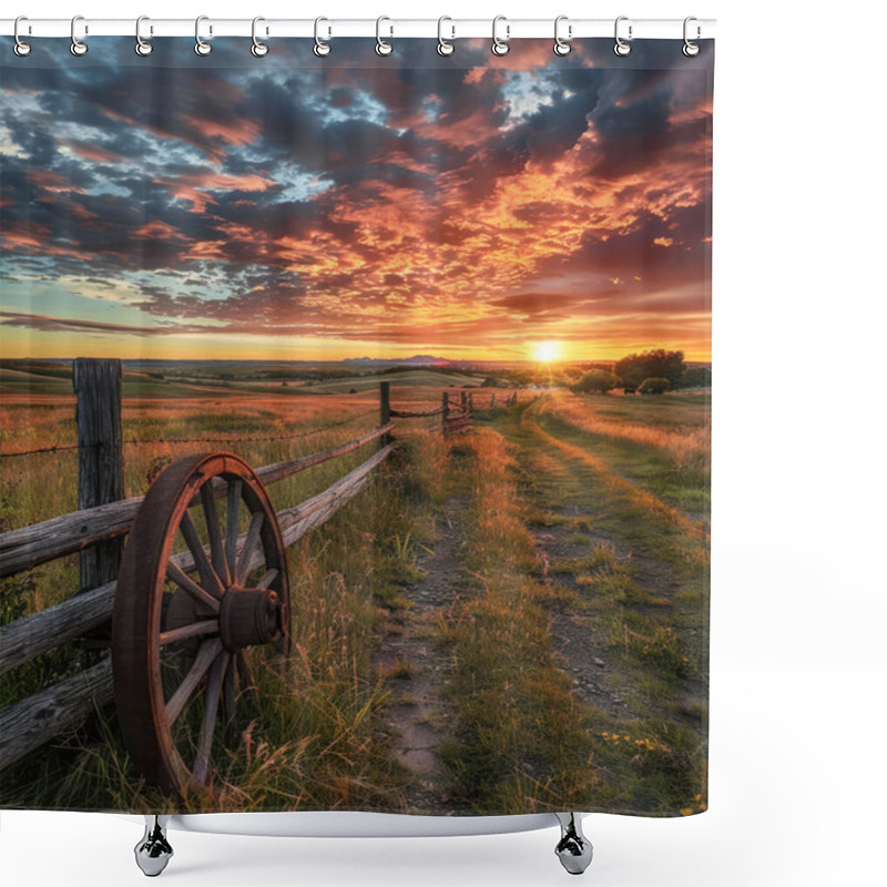 Personality  A Picturesque Countryside Landscape At Sunset With Vibrant Skies, A Wooden Fence, And An Old Wagon Wheel In A Grassy Field. Shower Curtains