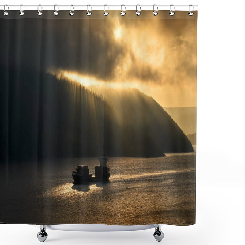 Personality  Two Cargo Ships Crossing The Sea During Sunset  Shower Curtains