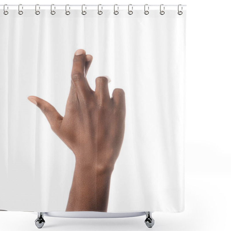 Personality  Partial View Of African American Man Showing Letter R In Deaf And Dumb Language Isolated On White Shower Curtains