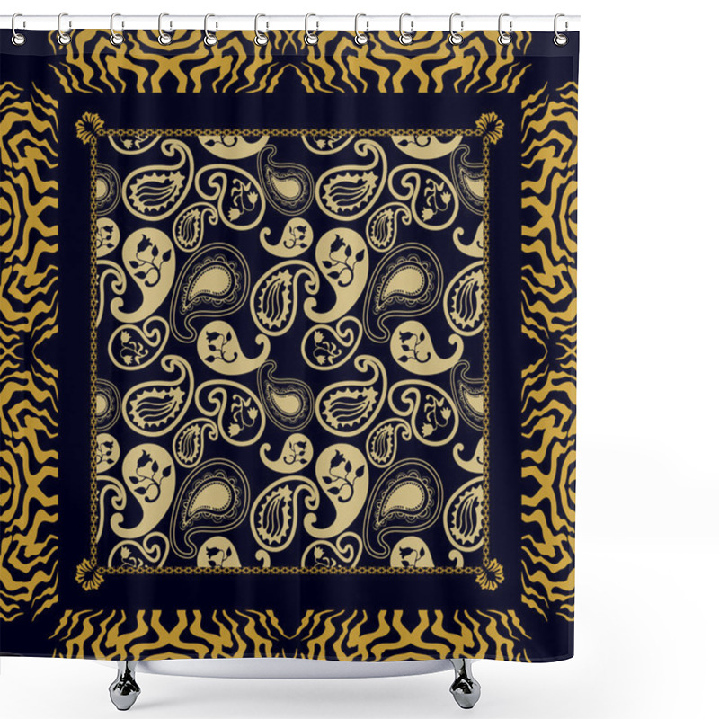 Personality  Bohemian Style Shawl. Gypsy Motifs, Golden Paisleys, Art Deco Zebra Print Frame, Black Background.  Shower Curtains