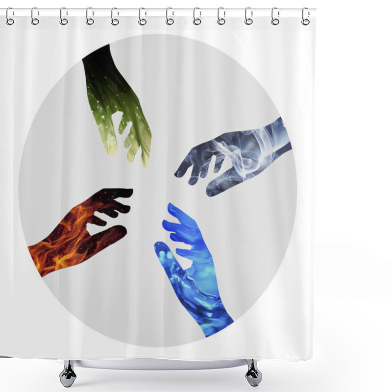 Personality  Nature Four Elements Unity. Water, Fire, Earth, Air On Silhouette Of Hands  Shower Curtains