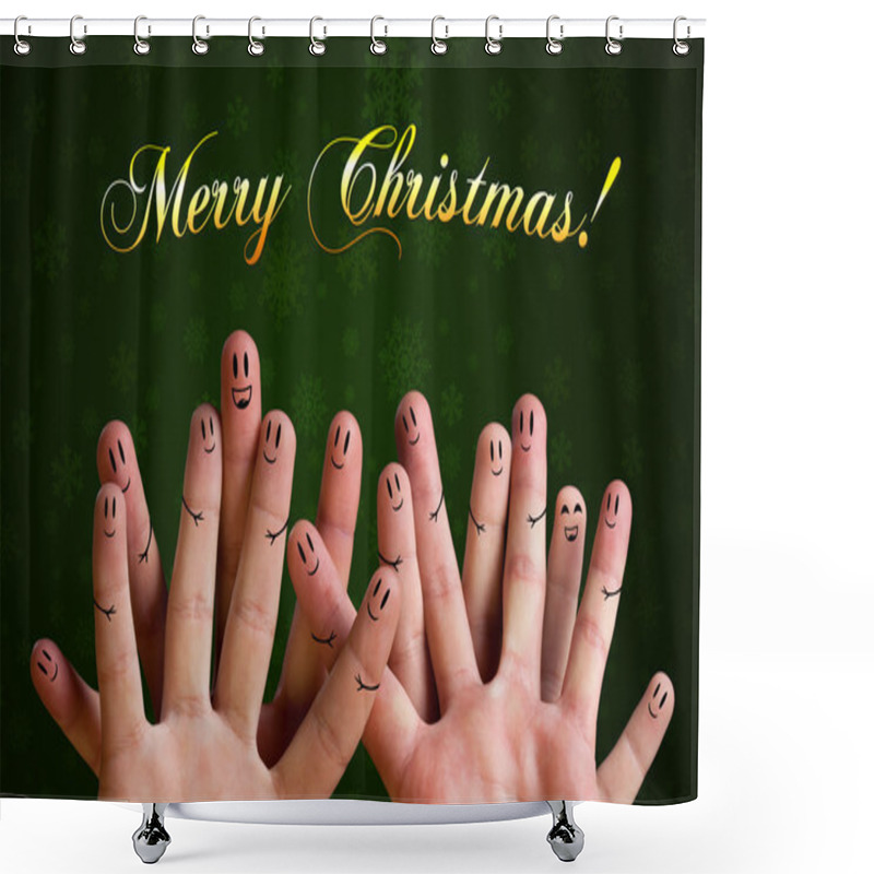 Personality  Merry Christmas Happy Finger Group With Smiley Faces On Green Ba Shower Curtains