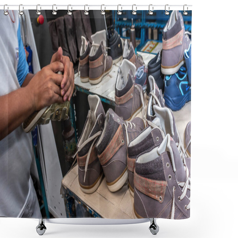 Personality  Birigui, Sao Paulo, Brazil, April 15, 2015. Production Line Children's Shoes Industry In Birigui, Sao Paulo State Shower Curtains