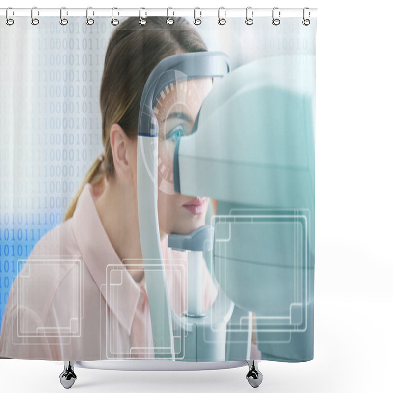 Personality  Young Woman Visiting An Optician. Ophthalmologist Concept Shower Curtains