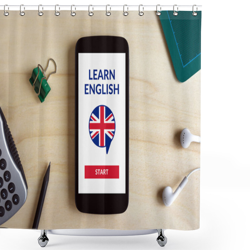 Personality  Online Learn English Concept On Smart Phone Screen On Desk Shower Curtains