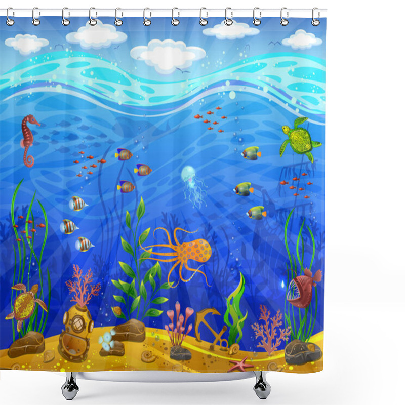 Personality  Underwater World. Sea Bottom, Plants, Inhabitants Of The Sea, Anchor, Underwater Helmet. Shower Curtains