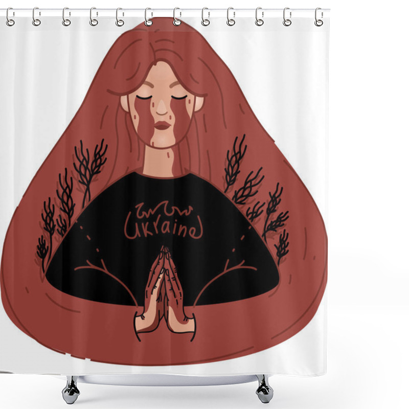 Personality  Illustration Of Crying Ukrainian Woman In Sweater With Ukraine Lettering Praying With Closed Eyes  Shower Curtains