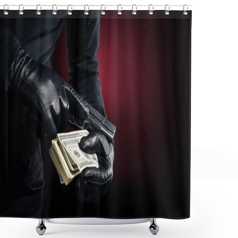 Personality  Cropped View Of Gun And Dollars In Hands Of Robber Shower Curtains