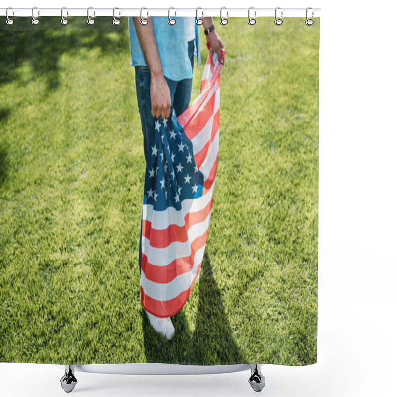 Personality  Cropped Shot Of Man Holding American Flag While Standing On Grass In Park Shower Curtains