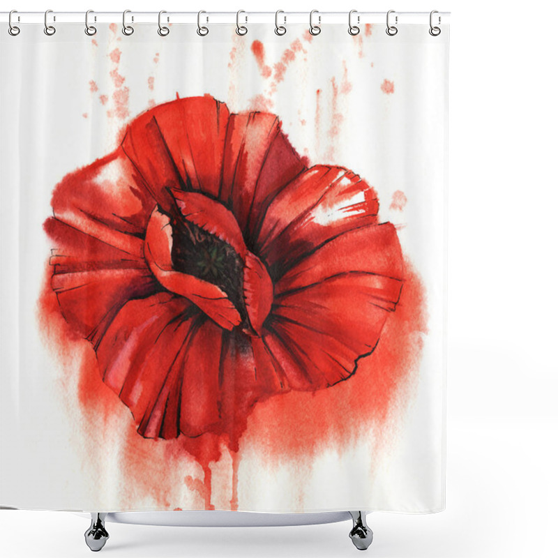 Personality  Blood-red Poppy Flower Head With Seed-box Isolated On White Background With Red Smudges. Hand Drawn With Watercolors On Textured Paper. Brush Stroke Floral Illustration With Wet Ink Effect. Top View. Shower Curtains