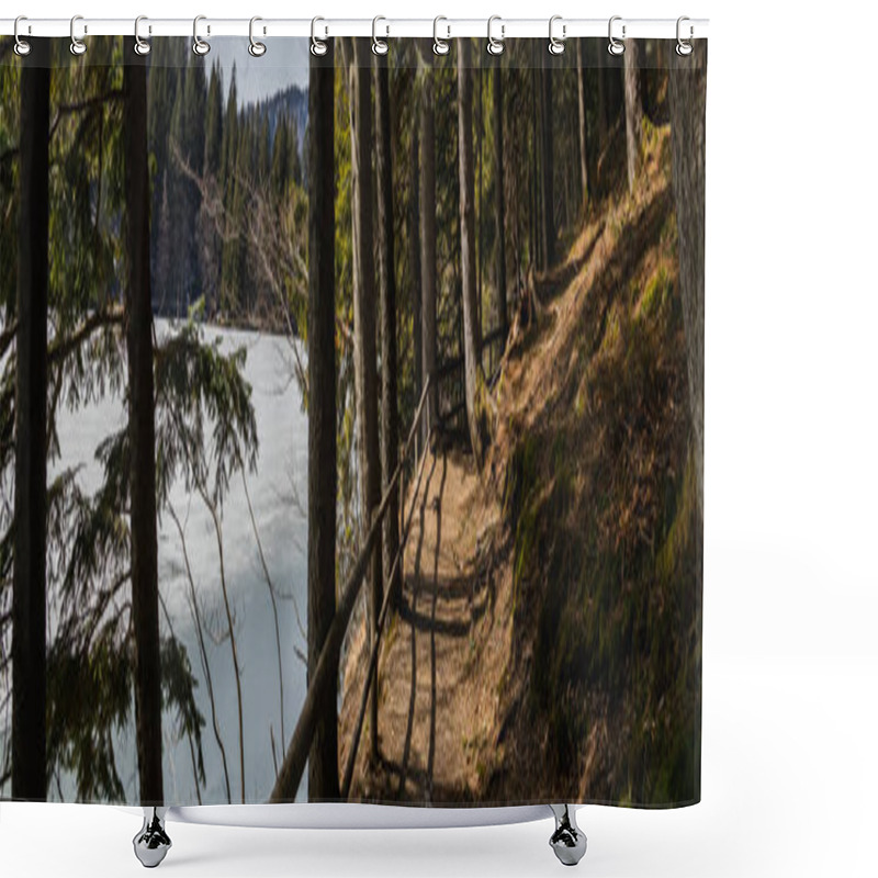 Personality  Walkway With Sunlight Near Lake With Ice In Forest, Banner  Shower Curtains