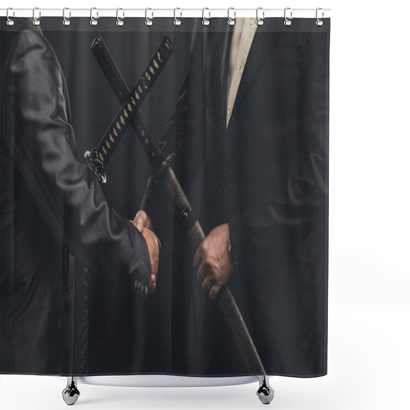 Personality  Cropped Shot Of Meeting Of Yakuza Members In Suits With Katana Swords Isolated On Black Shower Curtains