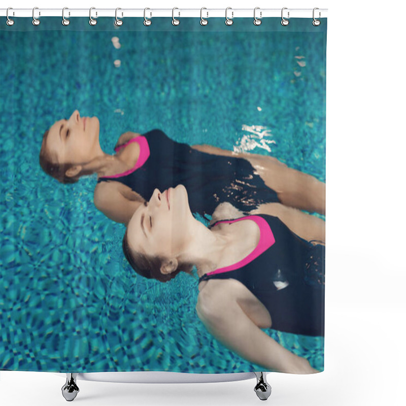 Personality  Mother And Daughter In Swimsuits Swimming In Pool At Gym Shower Curtains