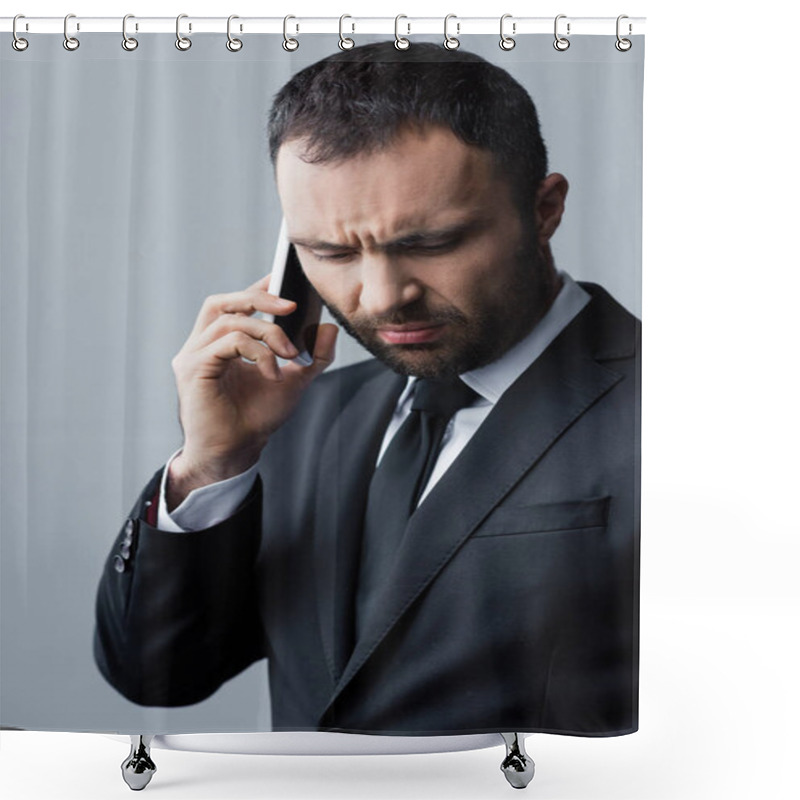 Personality  Thoughtful Bearded Man In Black Suite Looking Down While Using Smartphone Shower Curtains