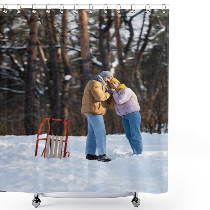 Personality  Young Couple Smiling While Holding Hands Near Sled In Winter Park  Shower Curtains