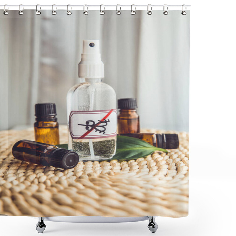 Personality  Homemade Essential Oil Based Mosquito Repellent. Flat Lay View Of Spray Bottle Surrounded By Brown Essential Oil Bottles On Bamboo Mat Background. Shower Curtains