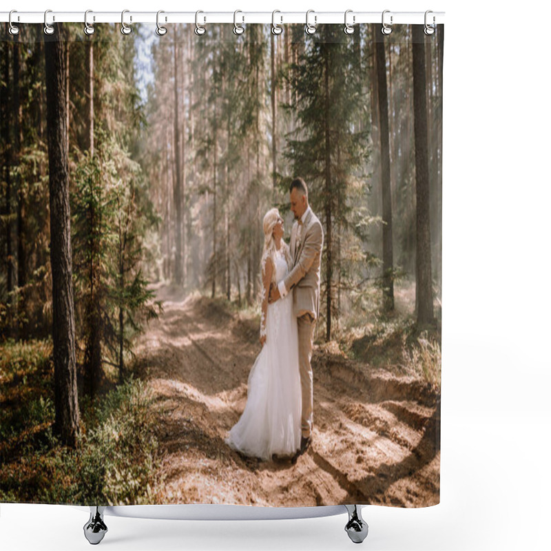 Personality  Valmiera, Latvia - Augist 13, 2023 - A Bride And Groom Stand Closely On A Forest Path, With Sunlight Filtering Through The Trees, Creating A Serene And Intimate Setting. Shower Curtains