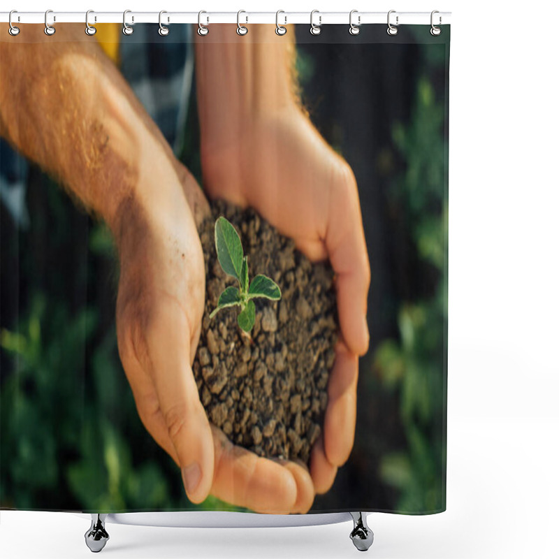 Personality  Top View Of Farmer Holding Soil With Young Plant In Cupped Hands Shower Curtains