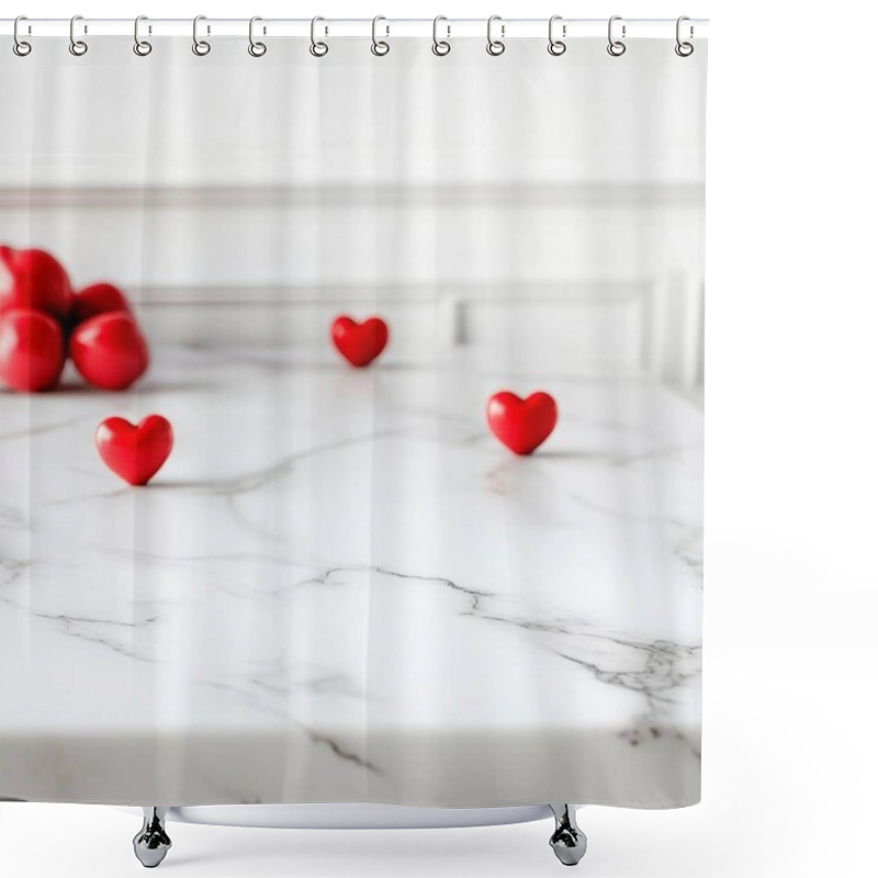 Personality  Three Red Hearts On A Marble Countertop With Apples In The Background. Shower Curtains