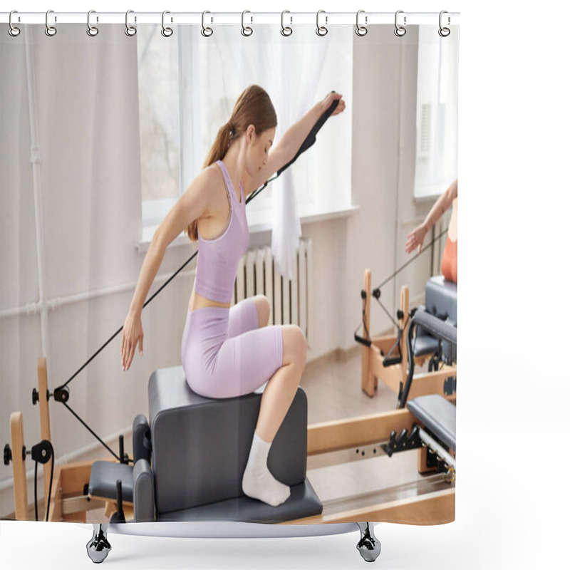 Personality  Active Woman Exercising During A Pilates Lesson. Shower Curtains