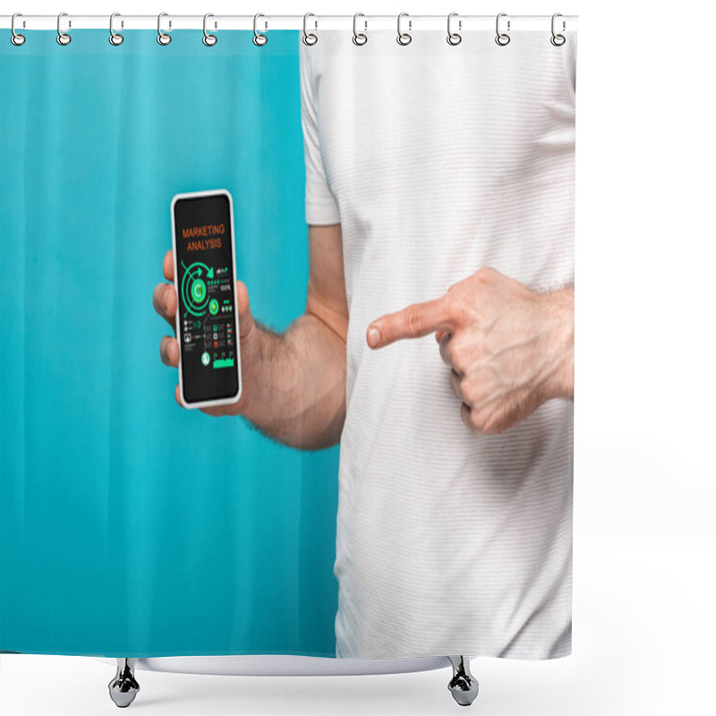 Personality  Cropped View Of Man Pointing At Smartphone With Marketing Analysis App, Isolated On Blue Shower Curtains