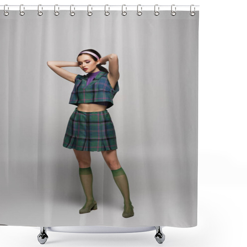 Personality  Full Length Of Stylish Young Woman In Headband And Checkered Outfit Posing On Grey  Shower Curtains