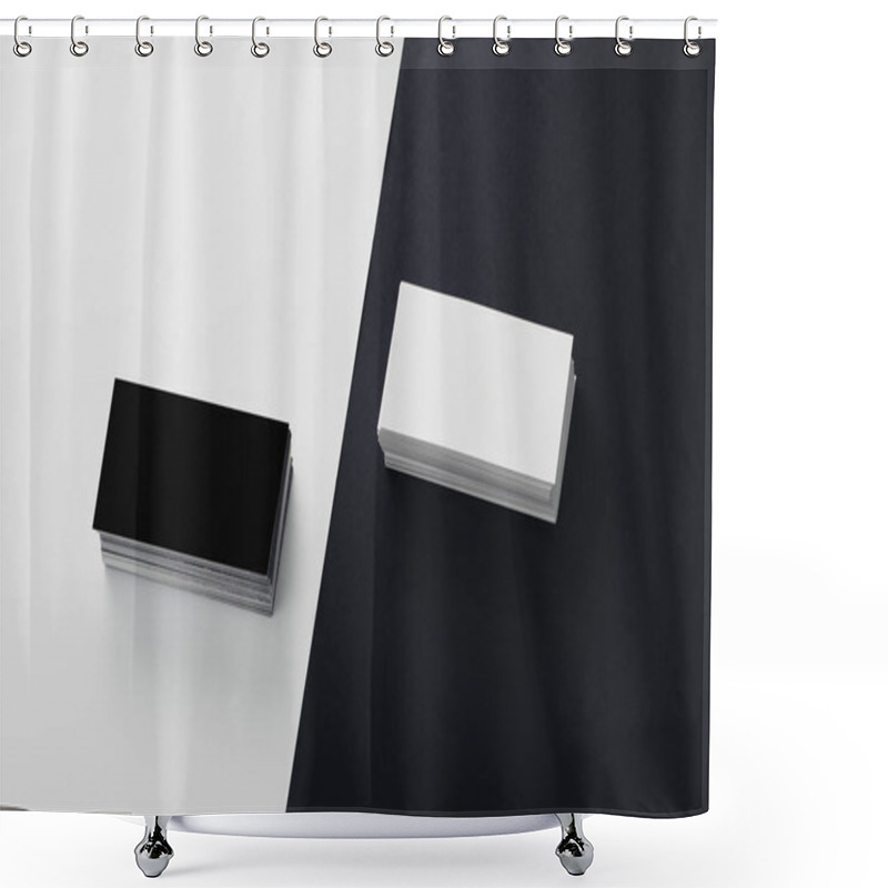 Personality  Black And White Blank Business Cards Stacked On Black And White Background Shower Curtains