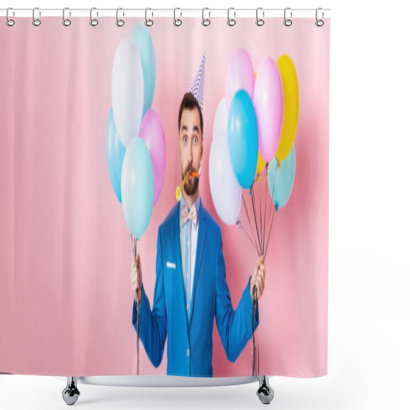 Personality  Panoramic Shot Of Businessman In Party Cap Holding Balloons On Pink  Shower Curtains