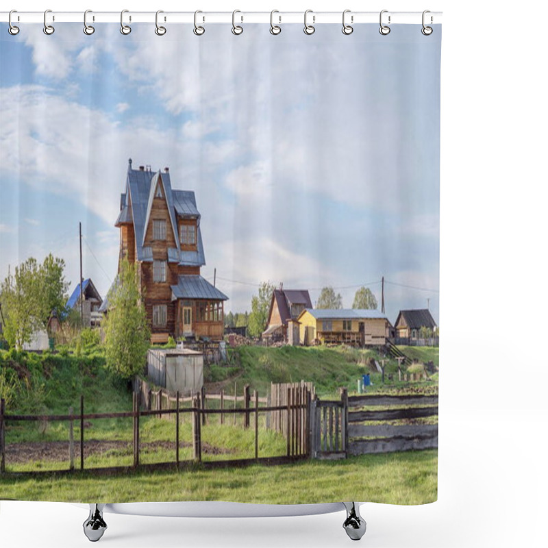 Personality  A Rural Landscape With A Large House And Vegetable Garden With A Greenhouse. Shower Curtains