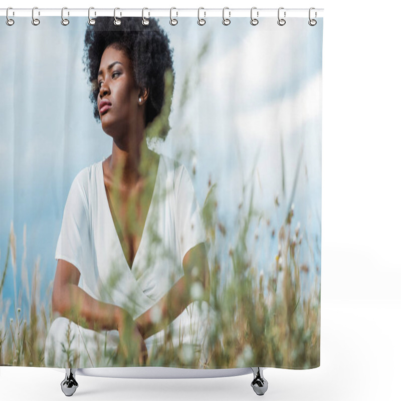 Personality  Selective Focus Of Attractive African American Woman In White Dress  Shower Curtains