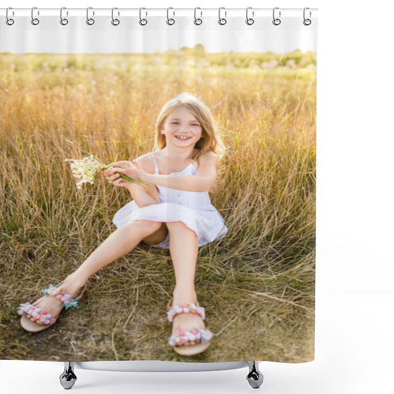 Personality  Happy Little Child In White Dress With Field Flowers Bouquet Sitting In Field Shower Curtains