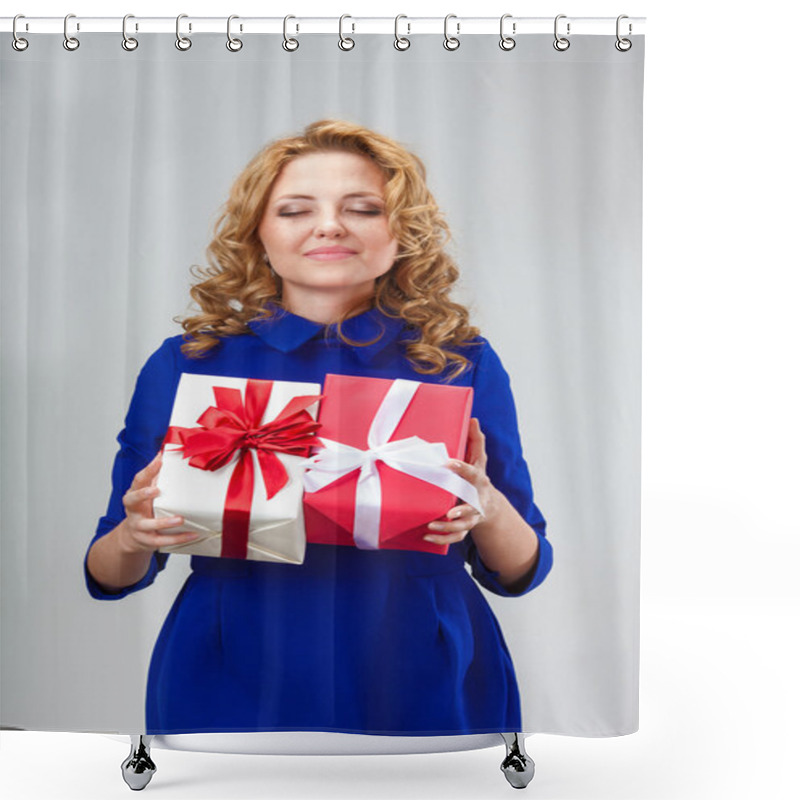 Personality  Woman Holding Two Giftboxes Shower Curtains