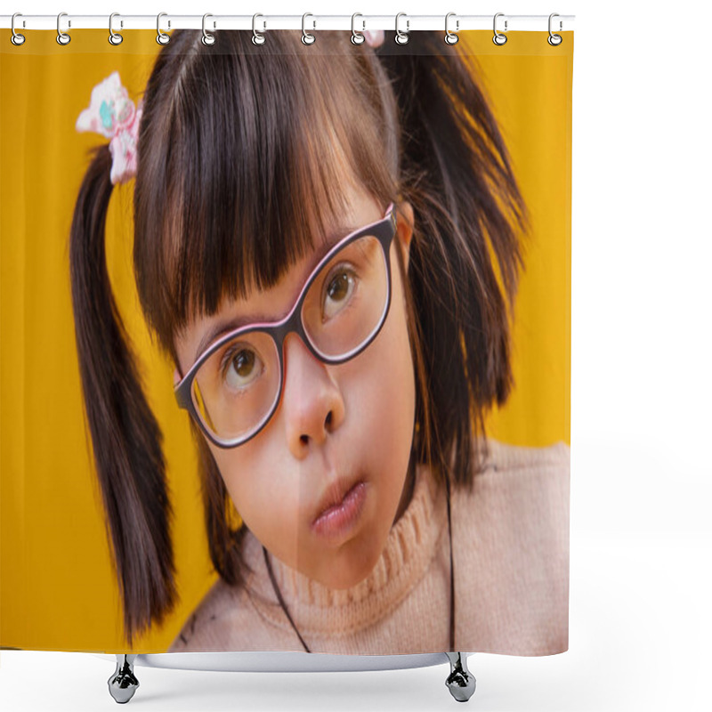 Personality  Unusual Pretty Child With Short Hair Having Slanted Eyes Shower Curtains