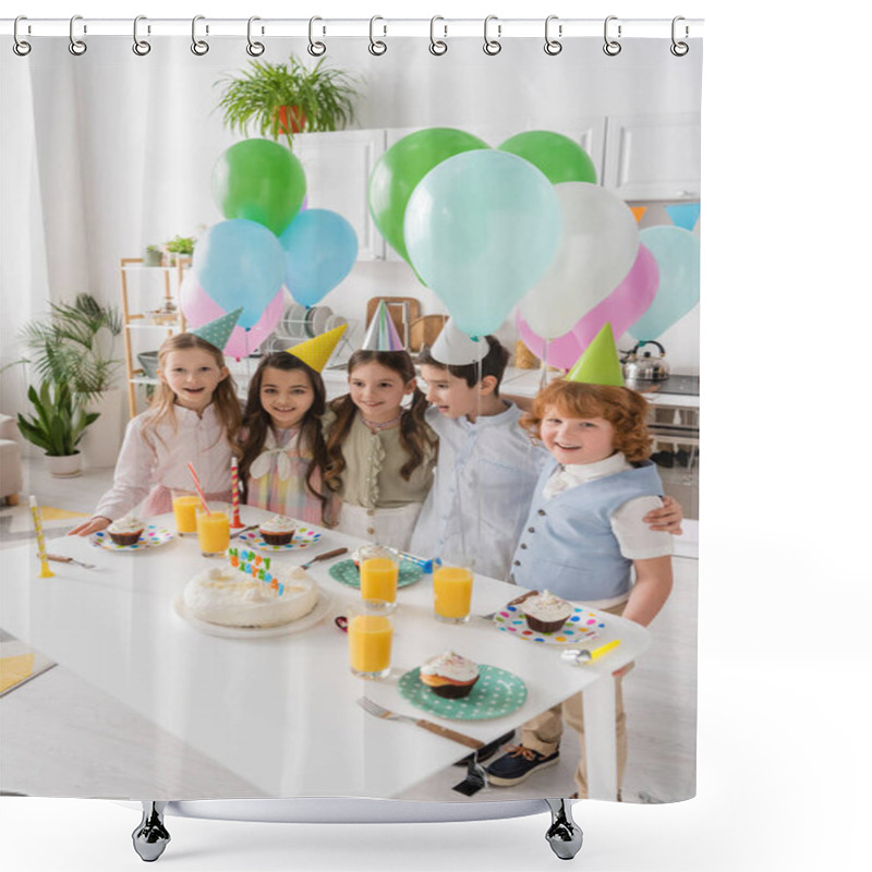 Personality  Group Of Happy Children Singing Happy Birthday Song Next To Cake With Candles And Balloons  Shower Curtains