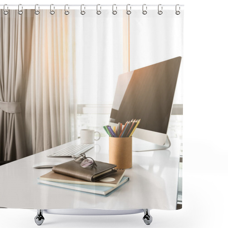 Personality  Manager Table With Desktop Computer And Business Notes Shower Curtains