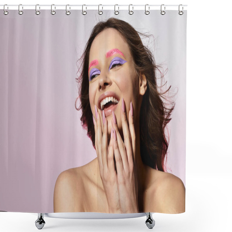 Personality  A Young Woman Smiles Joyfully, Showcasing Her Stunning Purple Eyeshadow And Pink Eyebrows. Shower Curtains