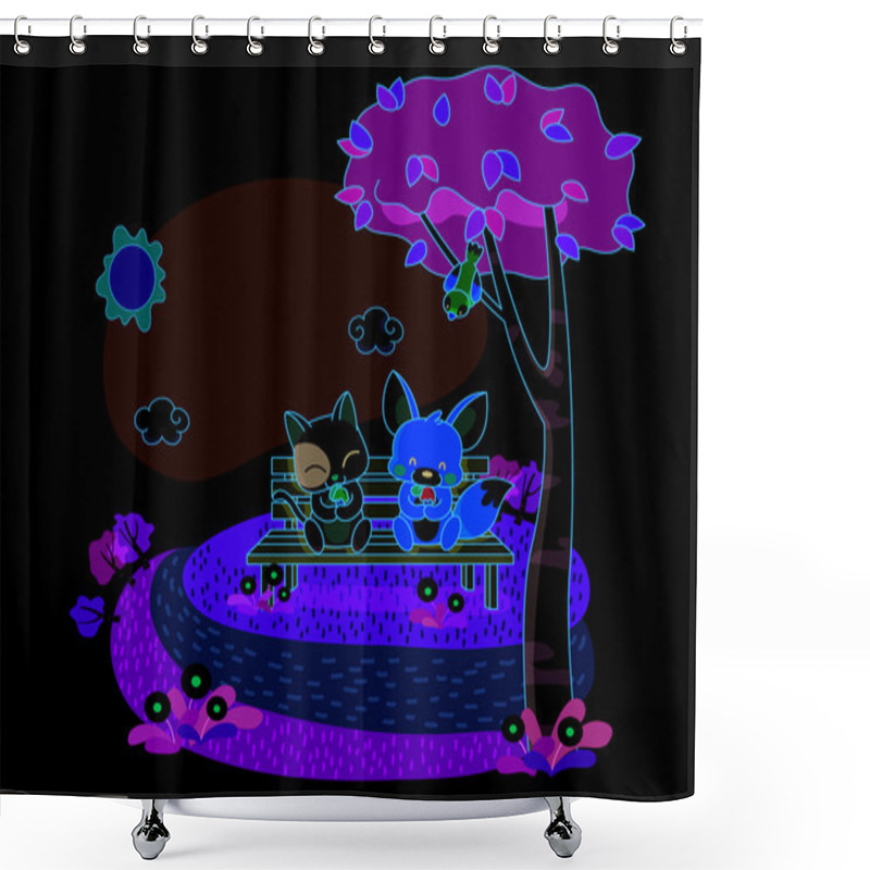 Personality  Cute Cartoon Cat And Squirrel Are Sitting In The Garden Shower Curtains