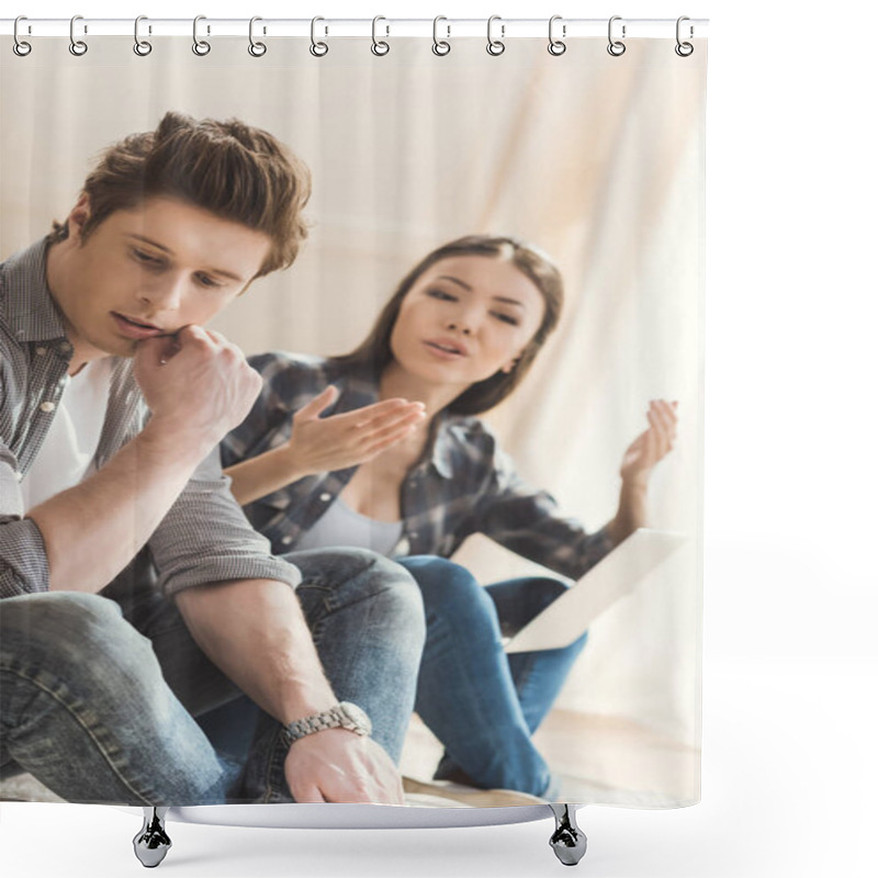 Personality  Couple Arguing While Sitting On Floor Shower Curtains