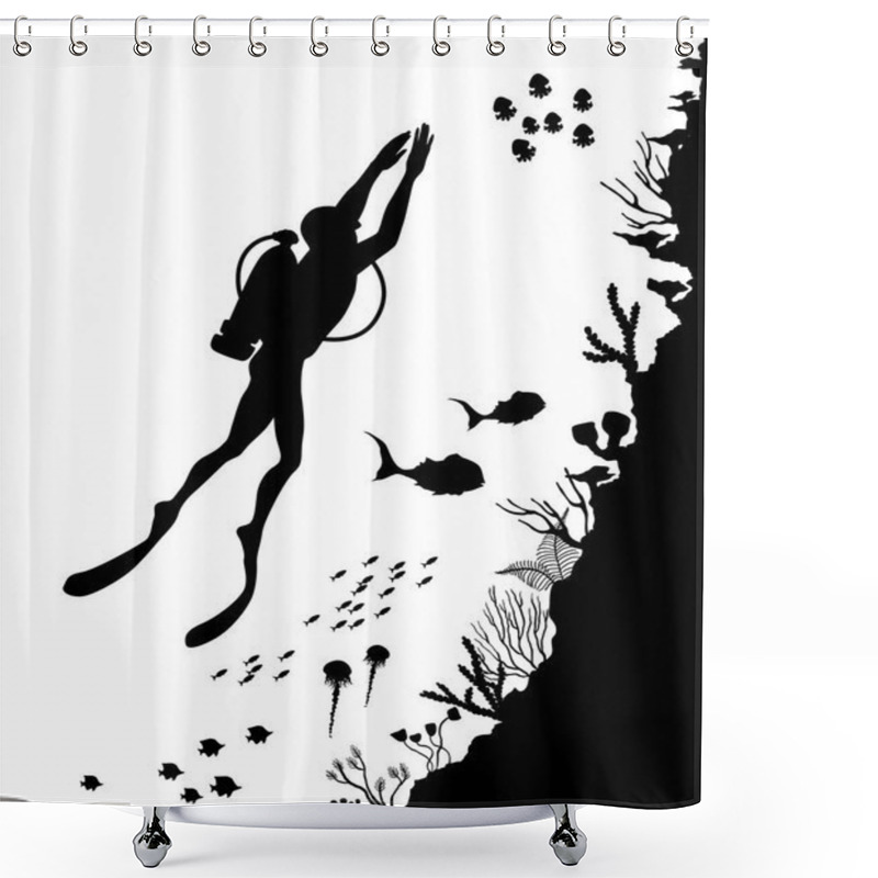 Personality  Silhouette Of Diver And Reef Underwater Wildlif Shower Curtains